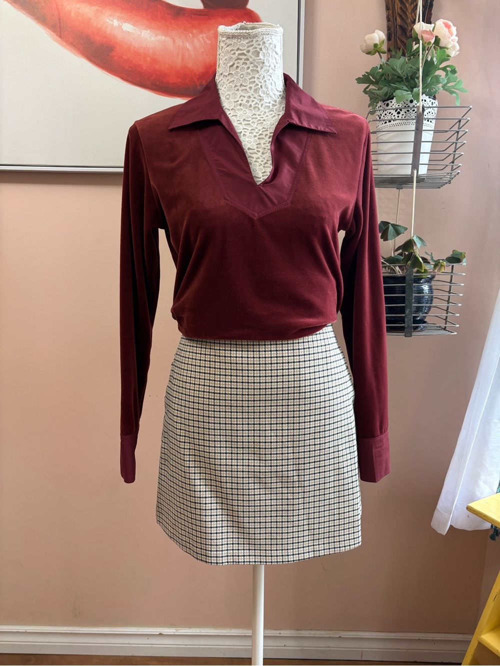 Vintage 90s Cotton Ginny Burgundy Velour Polo Top With Contrast Collar & Cuffs